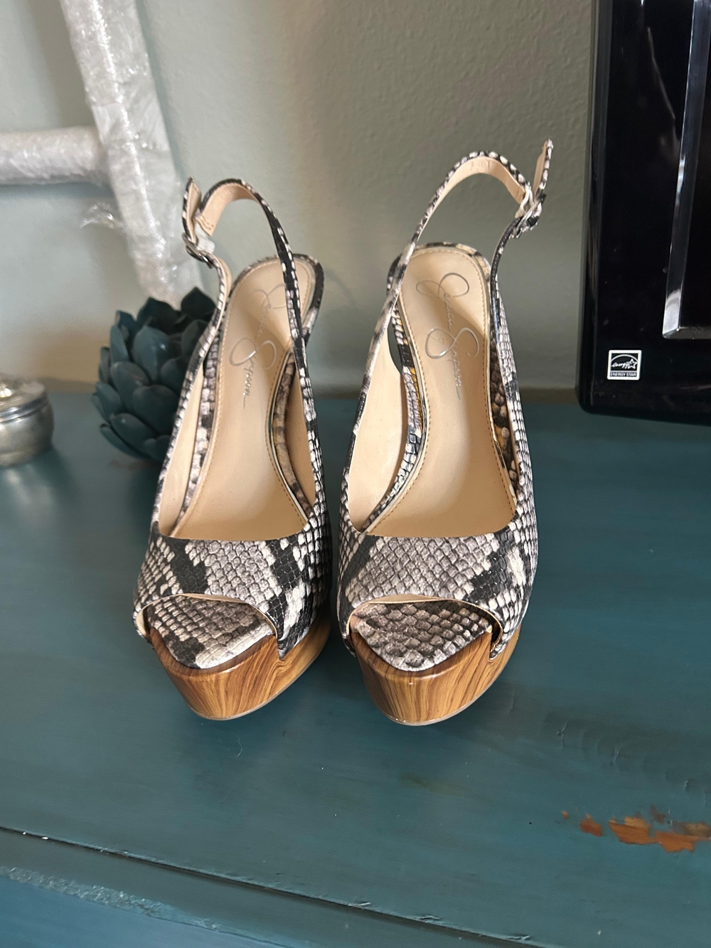 Jessica Simpson Black and Gray Snake-Print Slingback Platform Heels - Picture 3 of 6